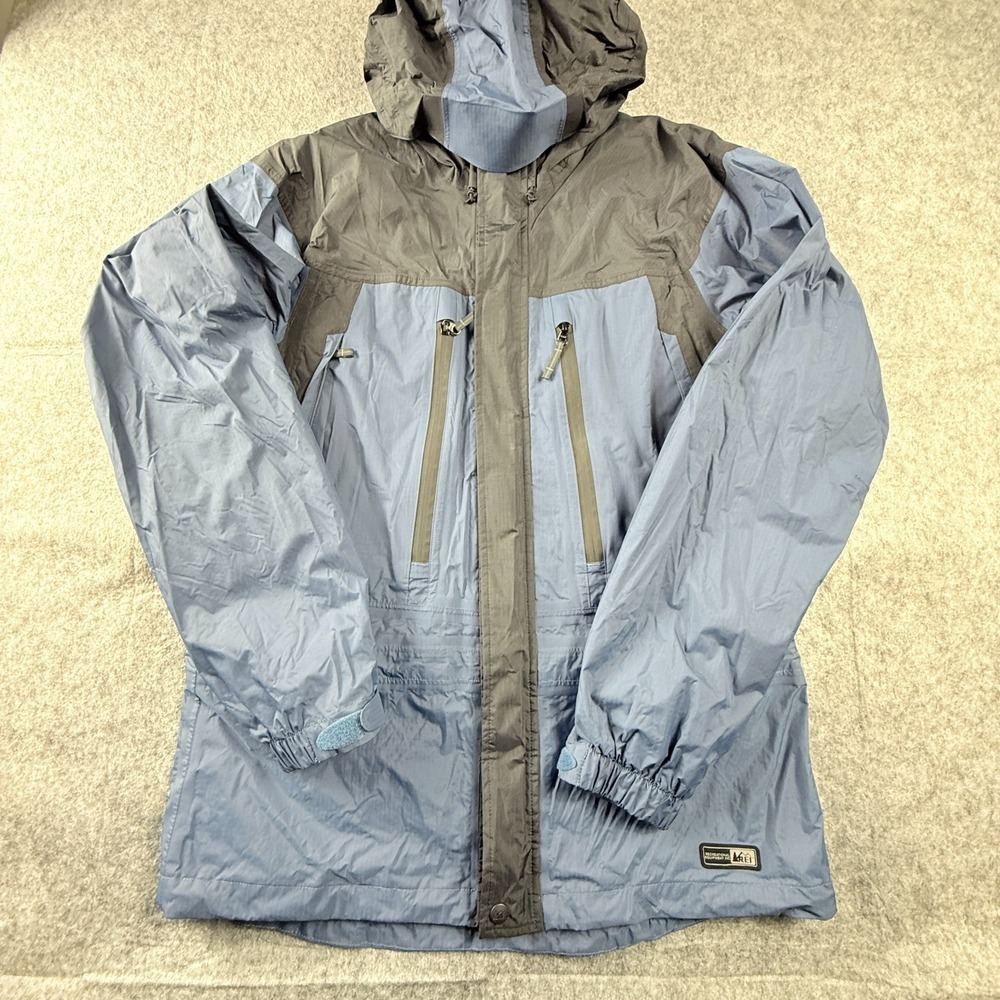 REI Elements Jacket Mens Medium TALL Blue Black Outer Shell Hooded Ski Snowboard